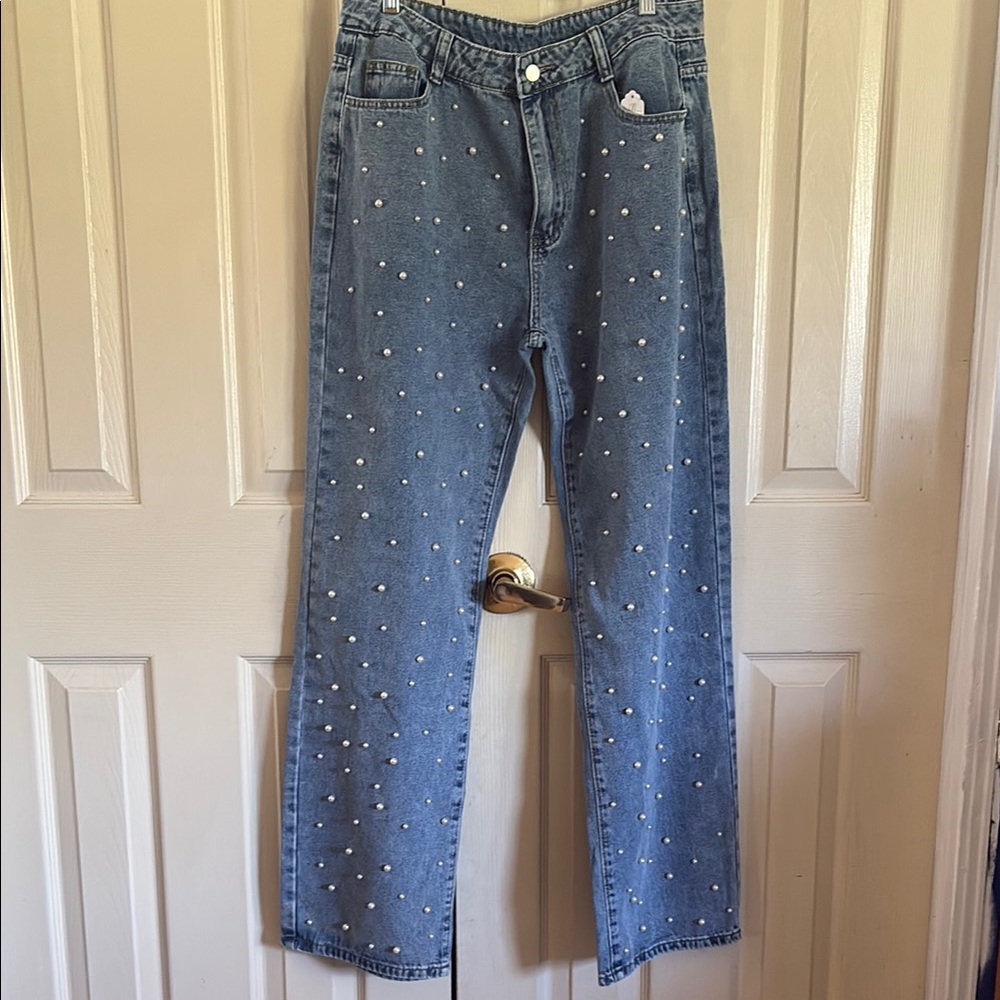 Women's Blue Straight Leg Jeans with Pearl Accents